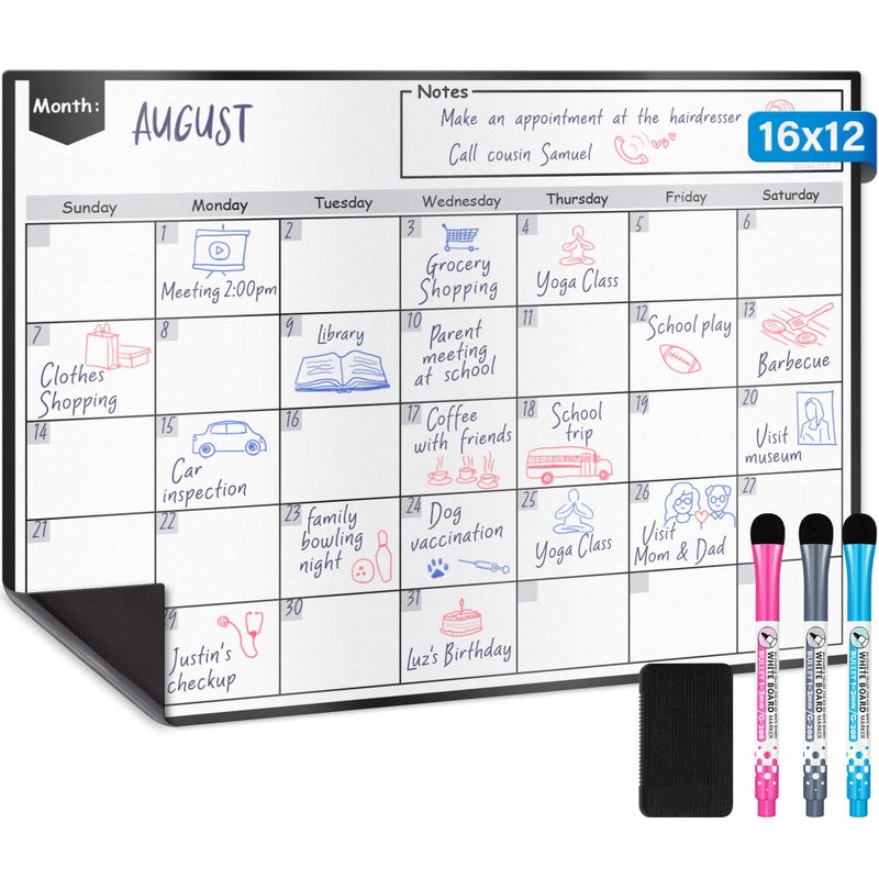 YES4QUALITY Magnetic Dry Erase Whiteboard Calendar for Fridge (16 x 12â€), Refrigerator White Board Sheet w/ 3 Colorful Markers & Eraser, Monthly Meal Planner & Organizer for Family by Yes4Quality - Image 1